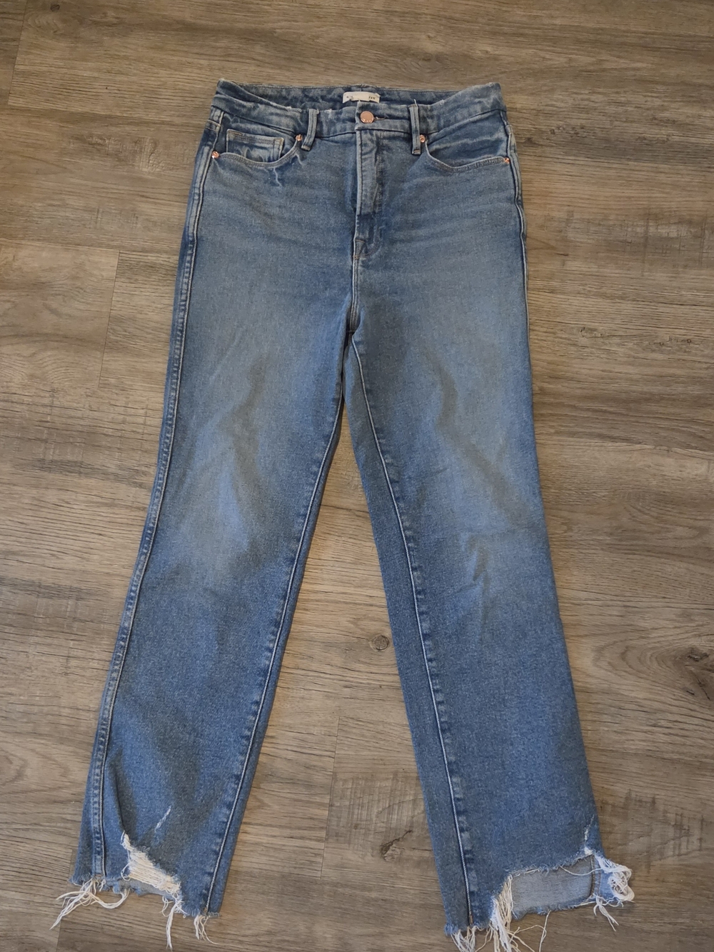 Good American High Rise Raw Hem Straight Leg Jeans, 6 / 28